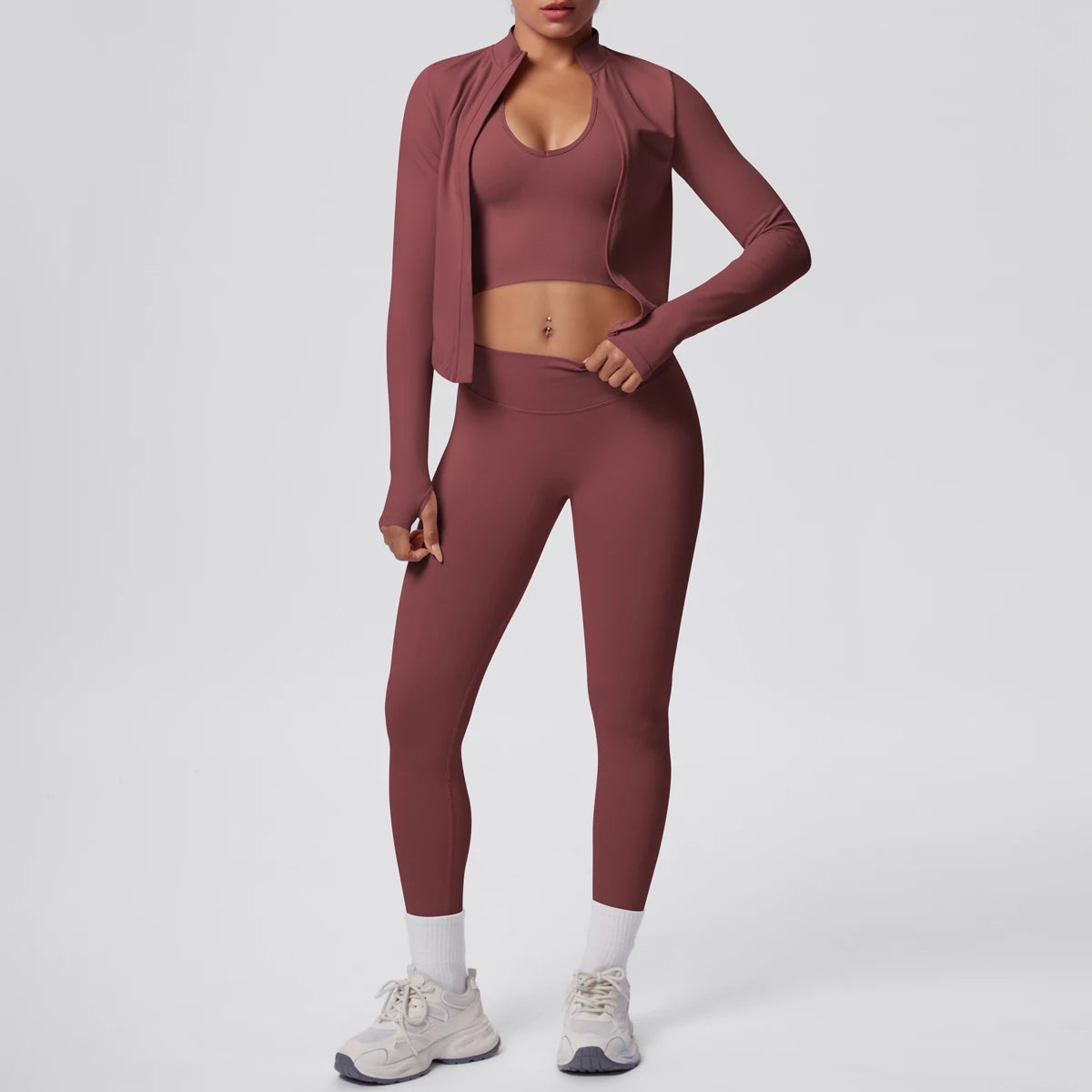 Yoga-Set: Push-up-Top & High-Waist-Leggings mit Langarmjacke, Bordeaux