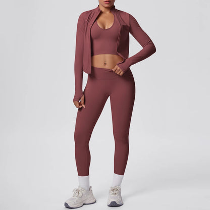 Yoga-Set: Push-up-Top & High-Waist-Leggings mit Langarmjacke, Bordeaux