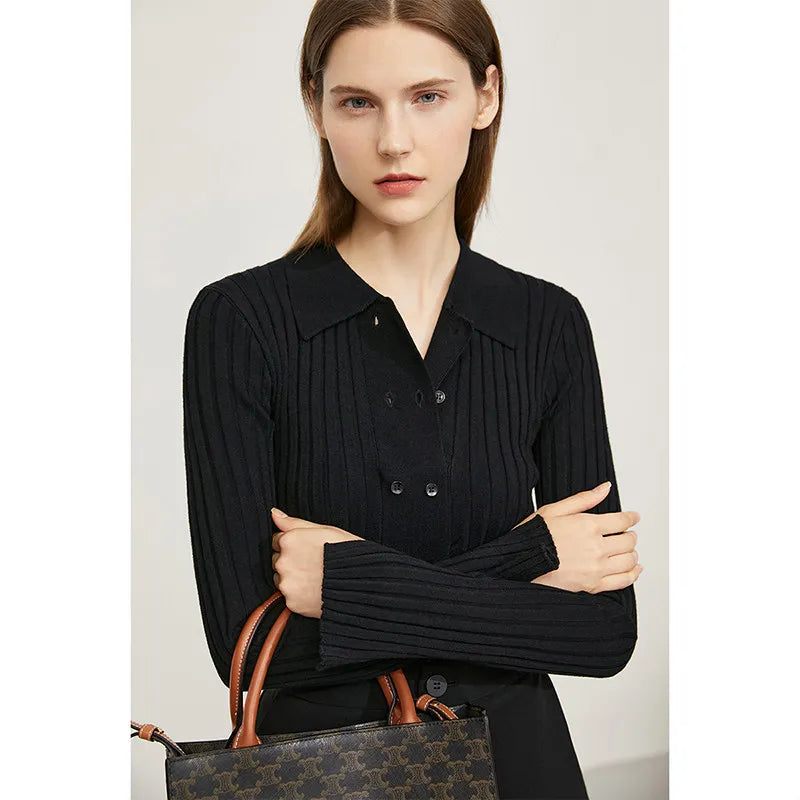 Damen-Strickjacke Polokragen Slim doppelreihig Wolle-Mix Frühling-Herbst