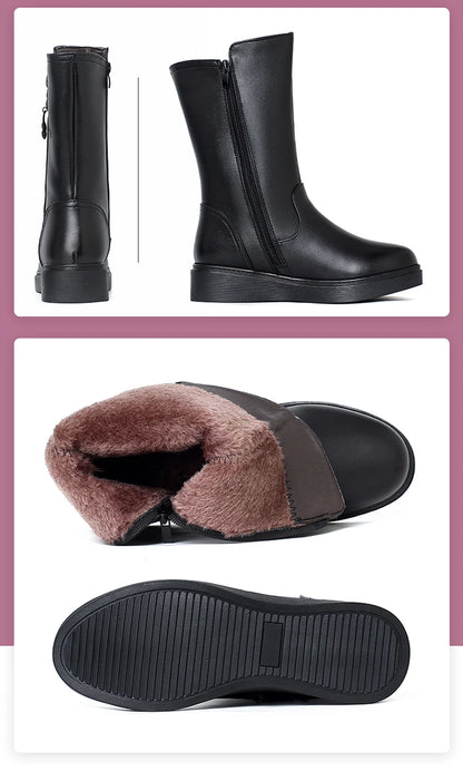 AIYUQI Women's Winter Boots Wool 2025  New Large Size 41 42 43 Women's Snow Boots Wool Flat Women's Mid-Boots