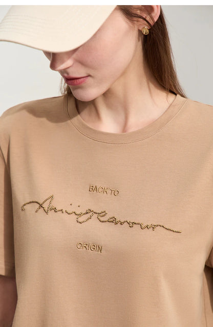 Damen T-Shirts im Minimalismus-Stil mit Kurzarm und Buchstaben-Stickerei