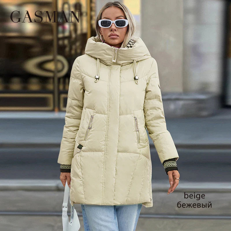 Kurze Damen-Daunenjacke mit Kapuze und hochwertigem Design – ideal für den Winter