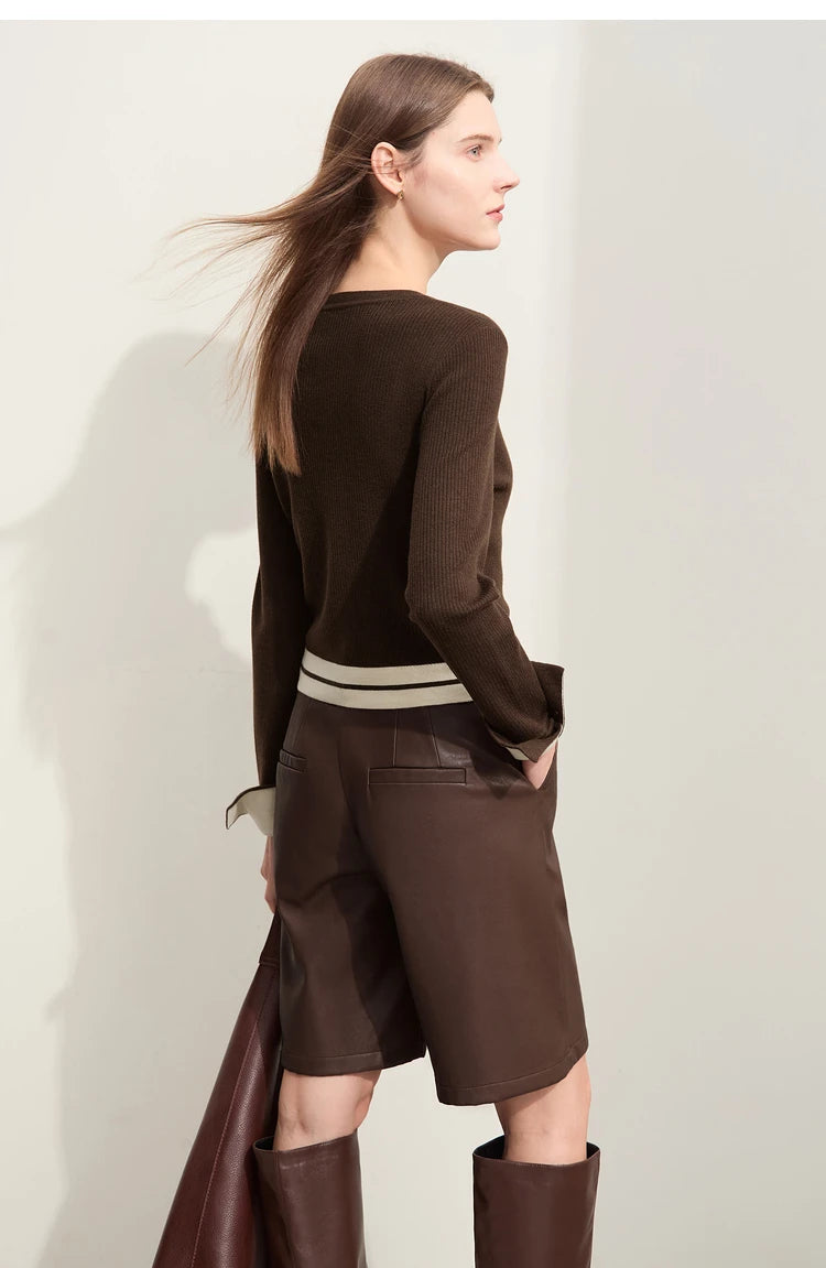 Damen-Strickjacke Rundhals Wolle Streifen kurz Pendler Slim Herbst
