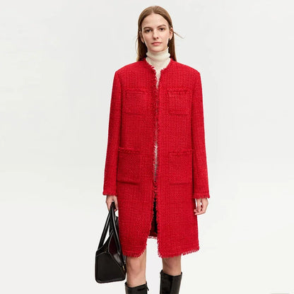 Damen Winter Mantel aus Tweed mit losem Schnitt und Rundhalsausschnitt