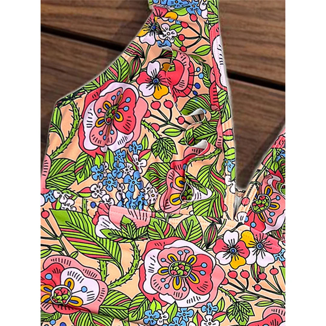 Damen Badeanzug Blumen V-Ausschnitt Neckholder Monokini hoher Beinausschnitt C