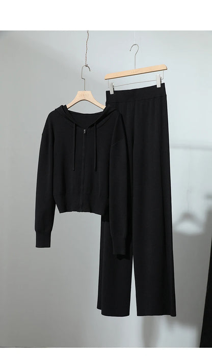 Damen-Strickjacke Kapuze Reißverschluss locker 2-teilig Set Herbst