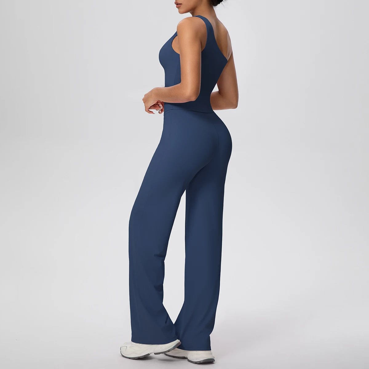 Dunkelblaues Yoga-Set: rückenfreies ärmelloses Top, lange Hose, Rückenansicht