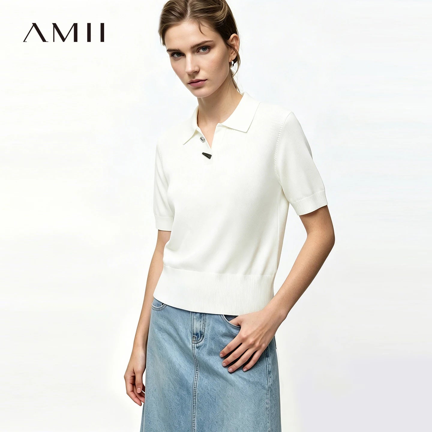 Damen-Polostricktop, kurzarm, weiß, mit Knopfleiste und schmalem Kragen