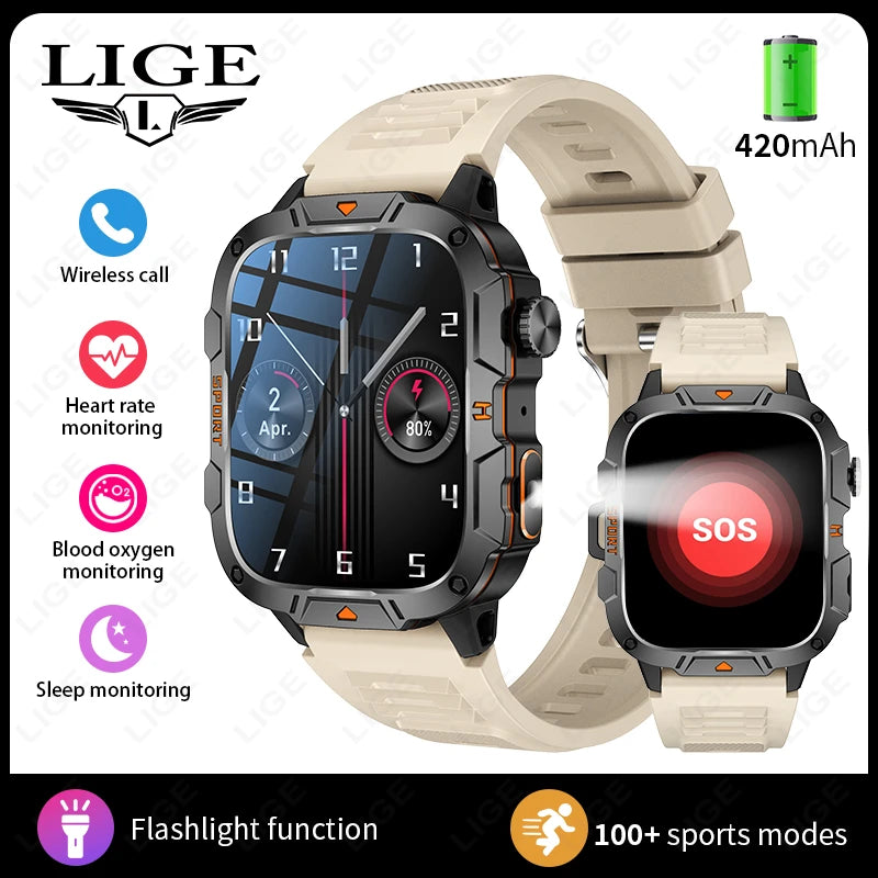 LIGE 2024 Männer Frauen Smart Uhr Bluetooth Anruf Musik Spiel Stimme Assistent Smartwatch Outdoor Fitness Sport Taschenlampe Armbanduhr
