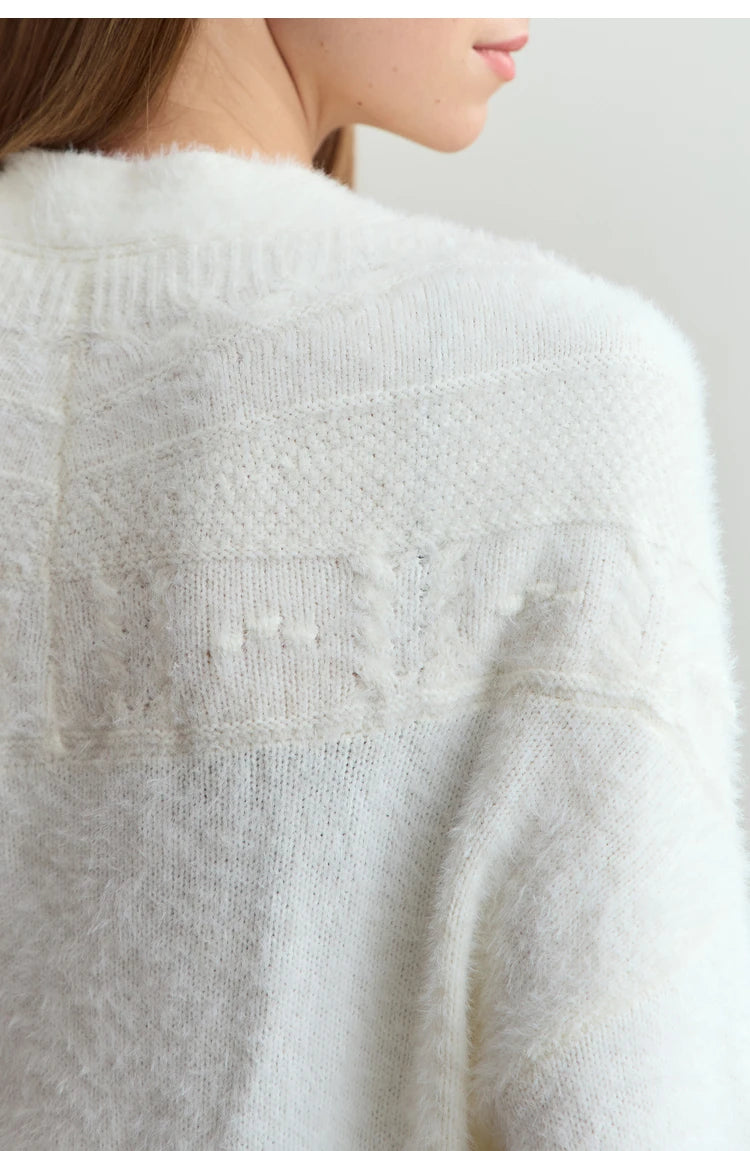 Damen-Strickjacke V-Ausschnitt Nerz-Imitat locker dick Winter