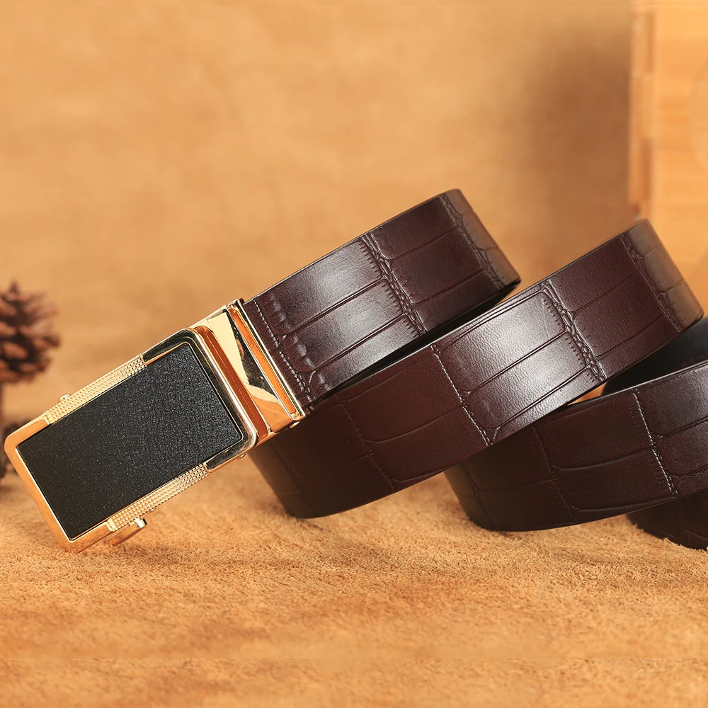 Herren Echtleder-Gürtel Krokodilmuster 3,5 cm Gold Automatik-Schnalle Rindsleder