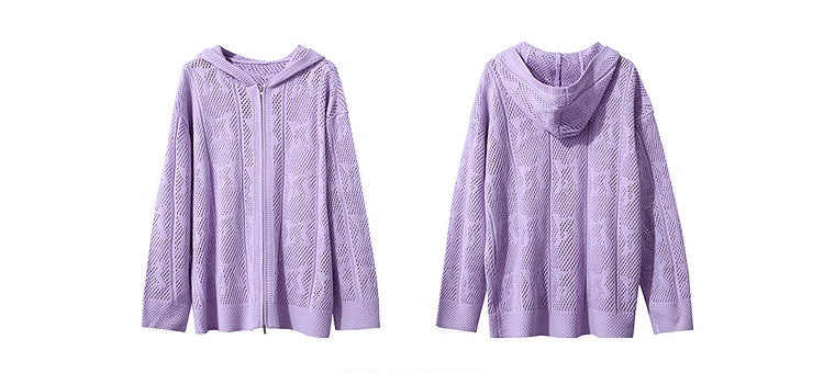 Damen-Strickjacke Kapuze Jacquard Hohlstrick Doppelreißverschluss locker Frühling