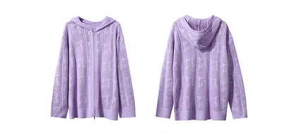 Damen-Strickjacke Kapuze Jacquard Hohlstrick Doppelreißverschluss locker Frühling