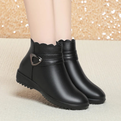 Damen Schneestiefel aus echtem Leder mit rutschfestem flachem Boden