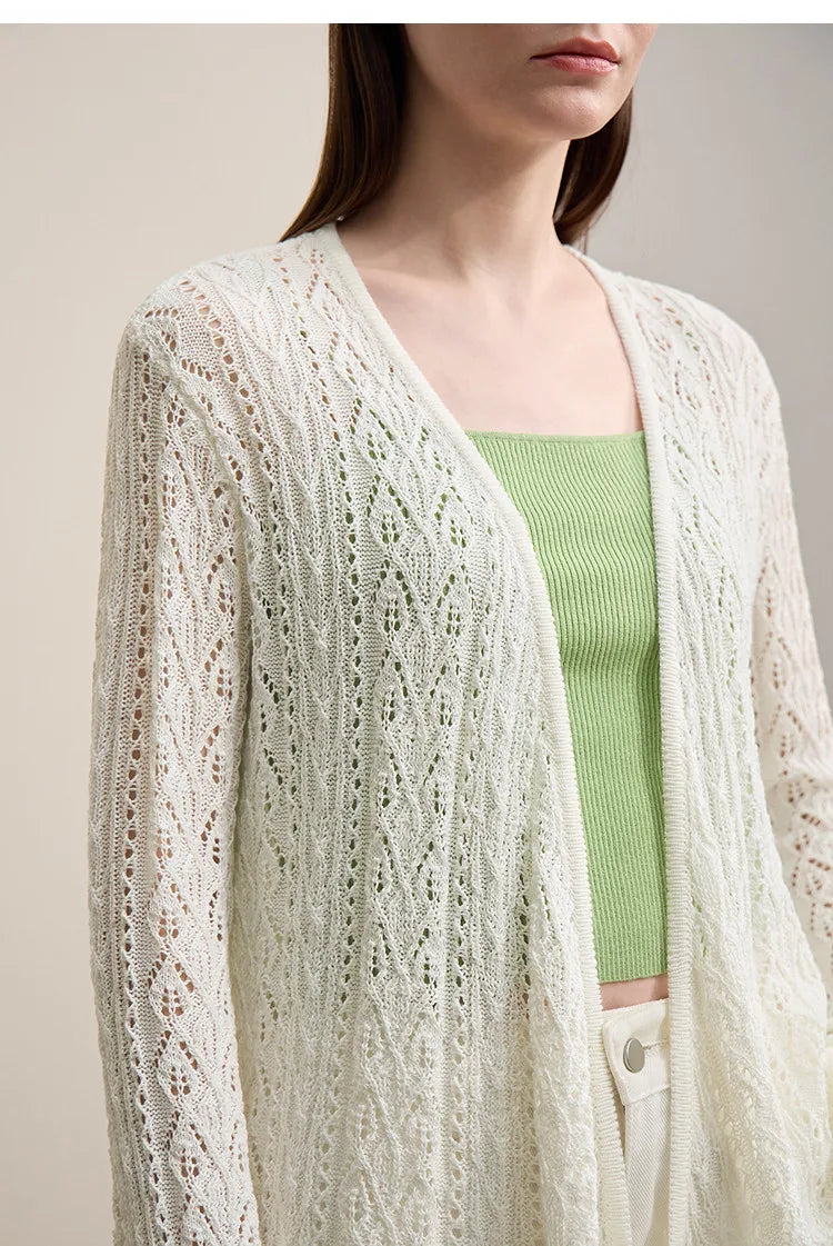 Damen-Strickjacke V-Ausschnitt Wolle Hohlstrick locker Langarm Frühling