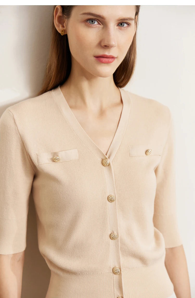 Damen-Strickjacke Baumwolle Slim Halbarm V-Ausschnitt Büro Frühling
