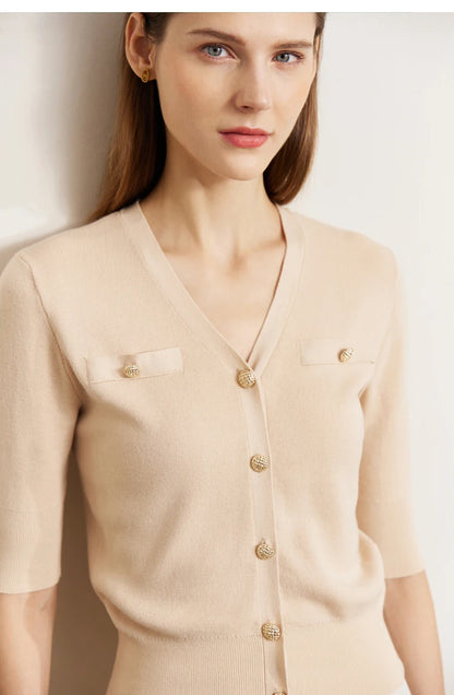 Damen-Strickjacke Baumwolle Slim Halbarm V-Ausschnitt Büro Frühling