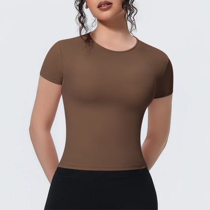 Damen Yoga-Shirt kurzarm, braun, Rundhalsausschnitt, eng anliegend