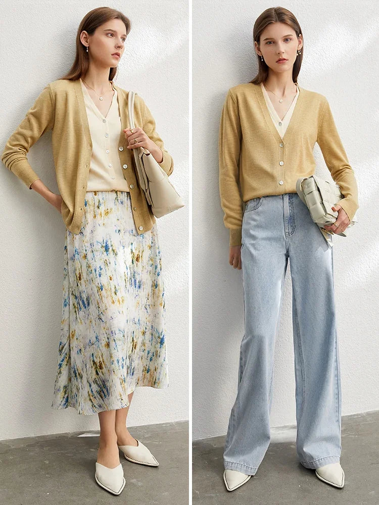 Damen-Strickjacke V-Ausschnitt dünn locker Patchwork Sommer