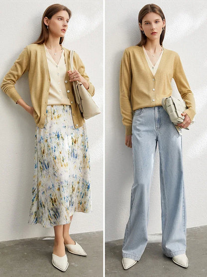 Damen-Strickjacke V-Ausschnitt dünn locker Patchwork Sommer