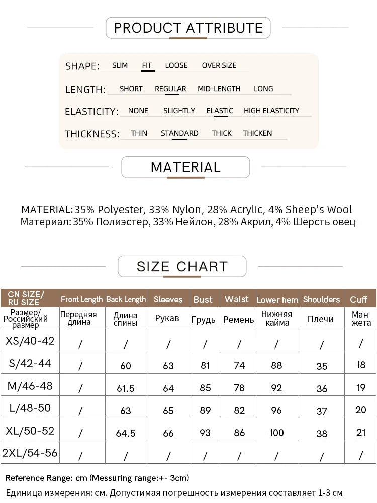 Tabelle mit Material- und Größenangaben für den Damenpullover