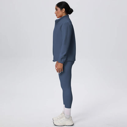 Damen-Yoga-Set mit Reißverschluss-Hoodie und Leggings, Seitenansicht in blau