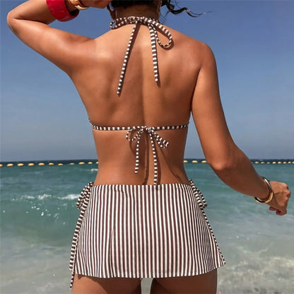 Damen Badeanzug Rock gestreift tiefer V-Ausschnitt Neckholder Monokini