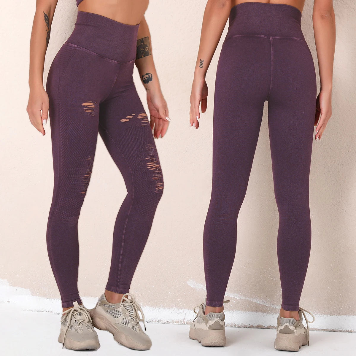 Schnelltrocknende Leggings für Damen in Dunkellila mit Cut-outs an den Oberschenkeln