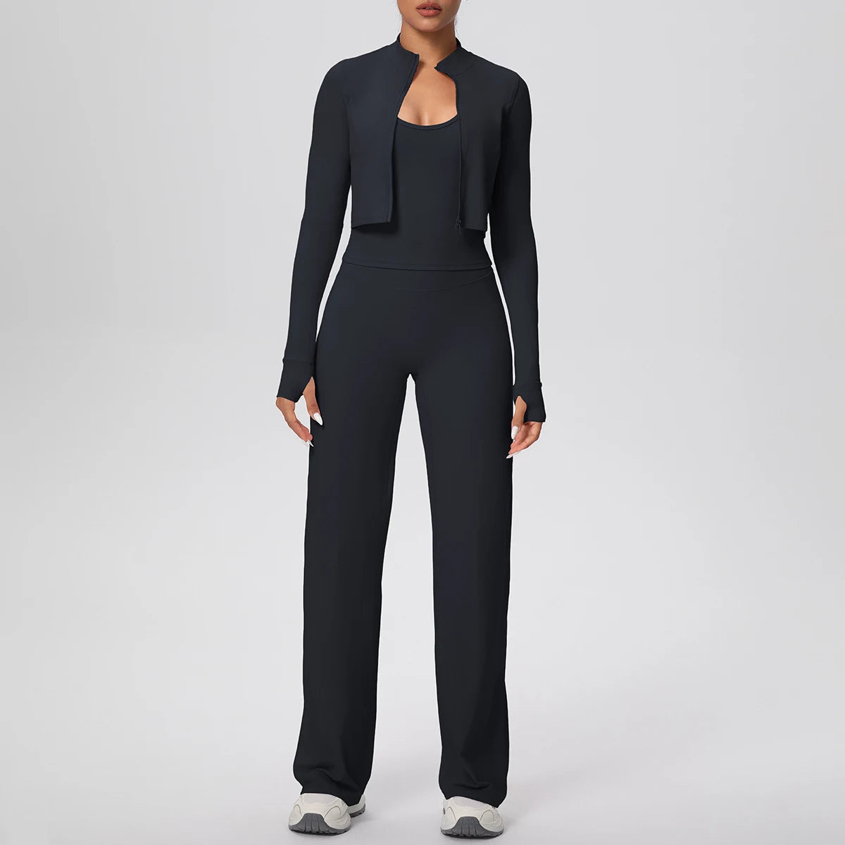 Damen Outdoor-Yoga-Set: Jacke mit Reißverschluss und lange Hose, dunkelblau