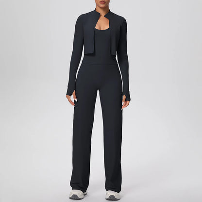 Damen Outdoor-Yoga-Set: Jacke mit Reißverschluss und lange Hose, dunkelblau