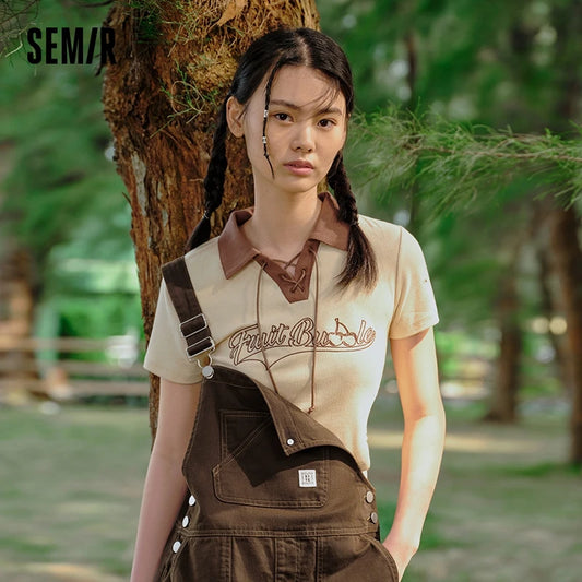 Semir Polos hirt Frauen kurz gestickt süß cool Retro Sommer neue Kontrast farbe enges Polos hirt