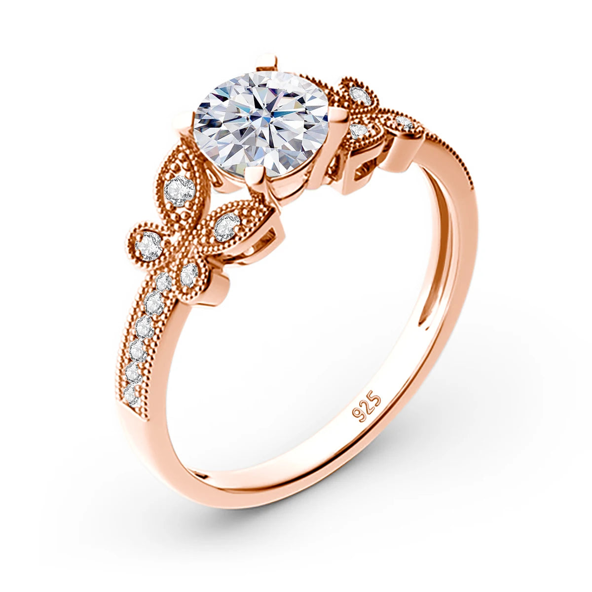 Damen-Ring Aus Roségold Mit Moissanit 1 Karat Schmetterlingsdesign Und Echtheitszertifikat