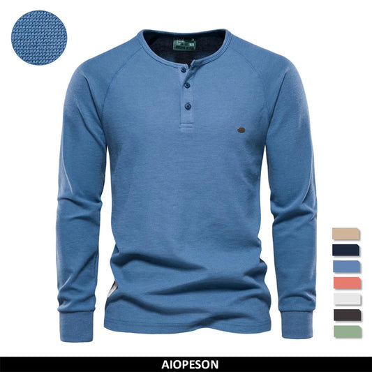 Herren Langarm Waffel Henley T-Shirt in fester Farbe für den Herbst