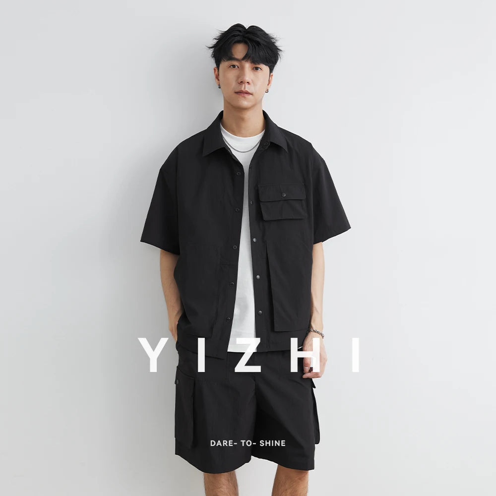 Männer Sommer Set mit losem Kurzarm Cargo-Shirt und Shorts im Casual-Stil