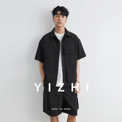Männer Sommer Set mit losem Kurzarm Cargo-Shirt und Shorts im Casual-Stil