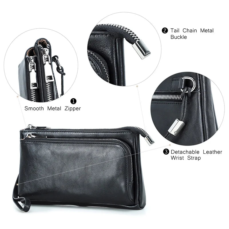 Schwarze Lederhandtasche mit glattem Metallreißverschluss und abnehmbarer Handgelenkschlaufe