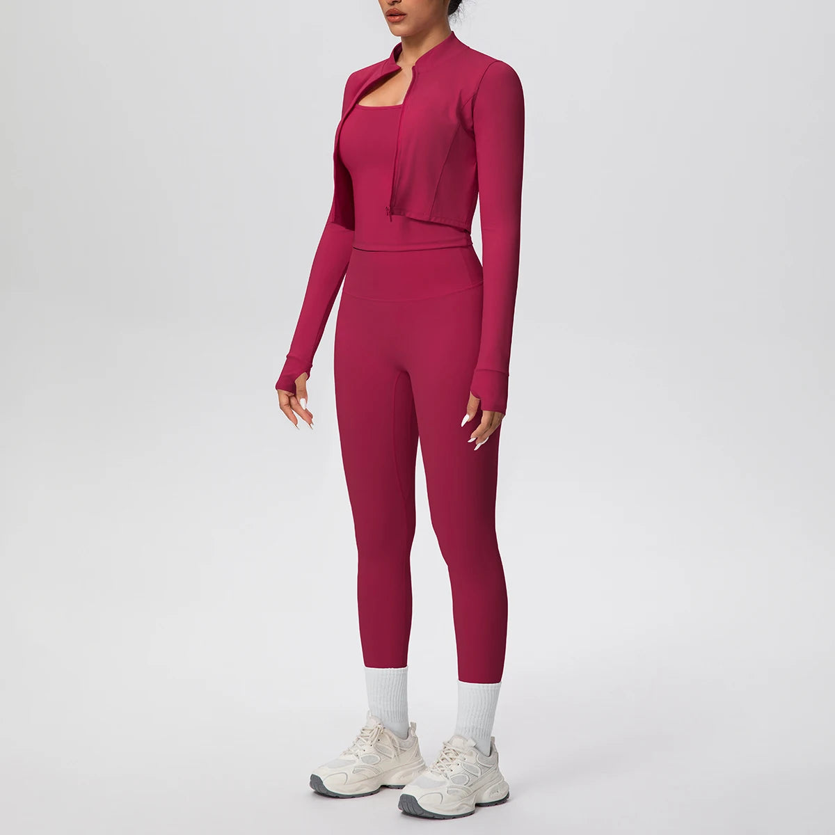 3-teiliges Yoga-Set für Damen (Beerenrot): Crop-Top mit Halter-Ausschnitt, Leggings