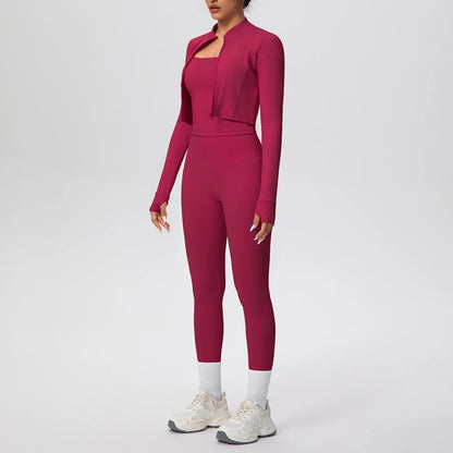 3-teiliges Yoga-Set für Damen (Beerenrot): Crop-Top mit Halter-Ausschnitt, Leggings