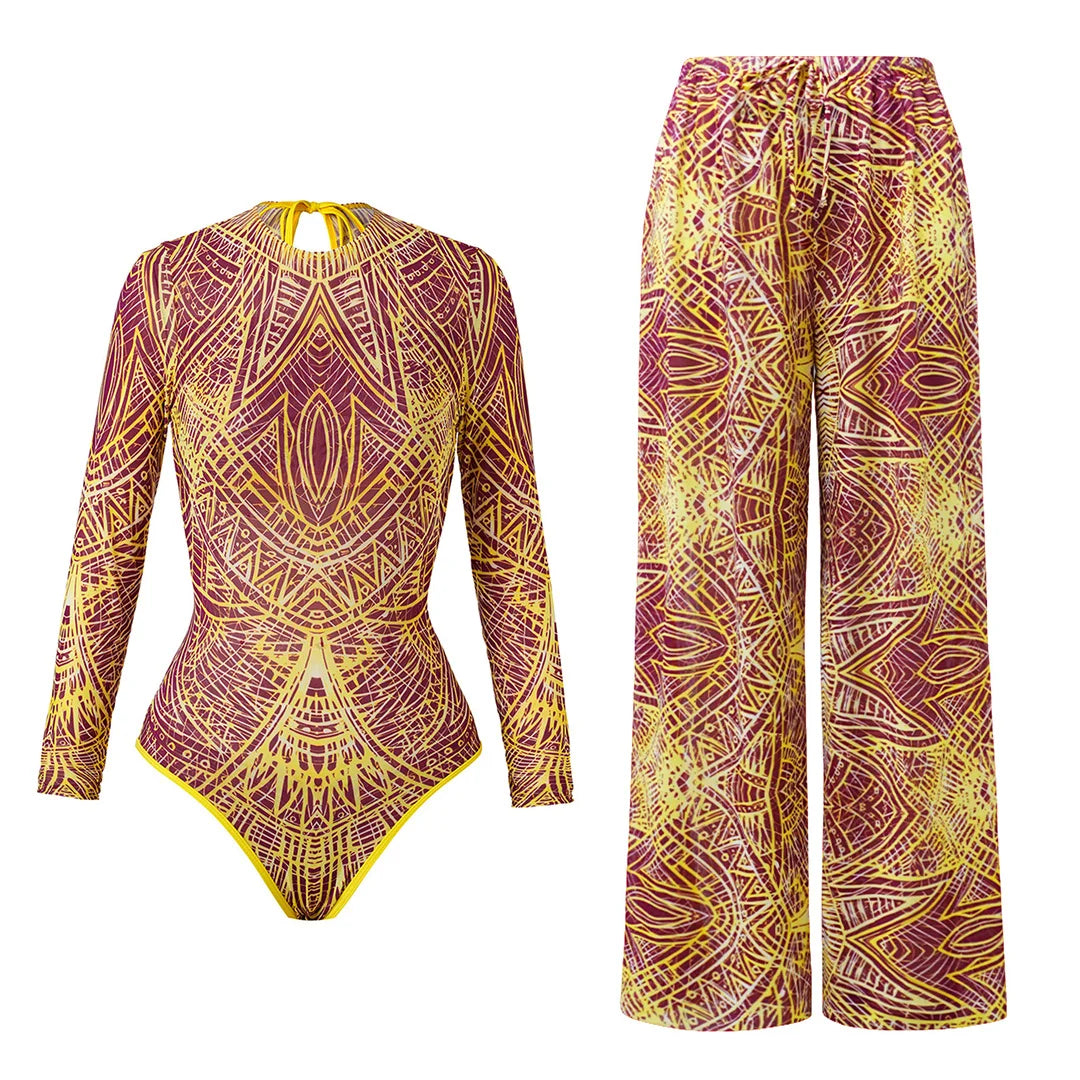 Damen Badeanzug Blumen Print Langarm mit Hose Einteiler Schwimmanzug
