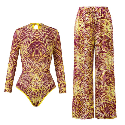 Damen Badeanzug Blumen Print Langarm mit Hose Einteiler Schwimmanzug