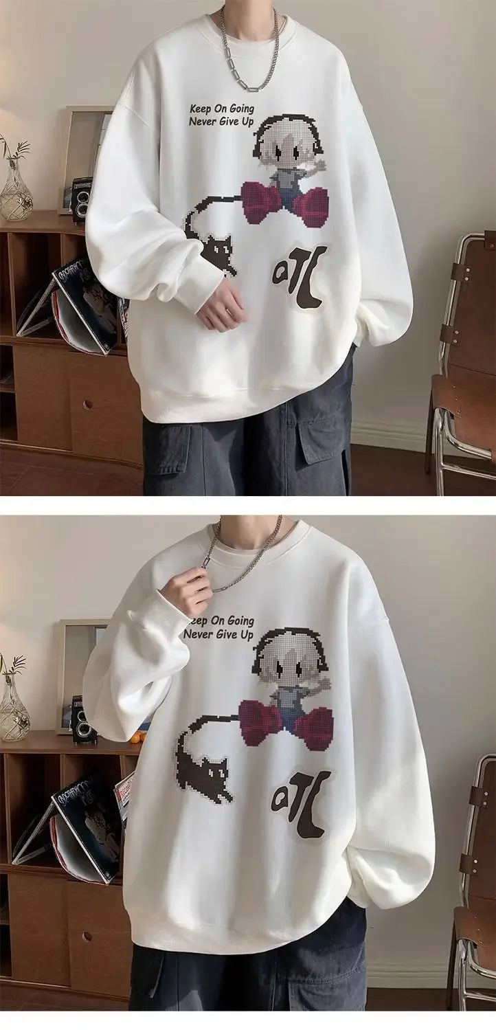 Japanischer Vintage-Pullover mit Fleece, Rundhalsausschnitt und Print – Lässiger Langarm-Hoodie für Herren im Winter.