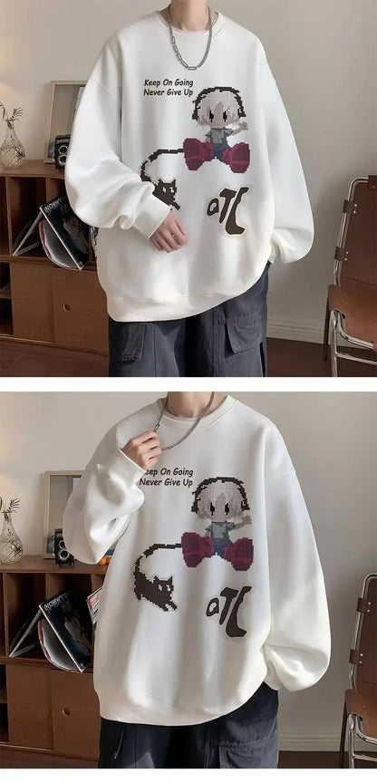 Japanischer Vintage-Pullover mit Fleece, Rundhalsausschnitt und Print – Lässiger Langarm-Hoodie für Herren im Winter.