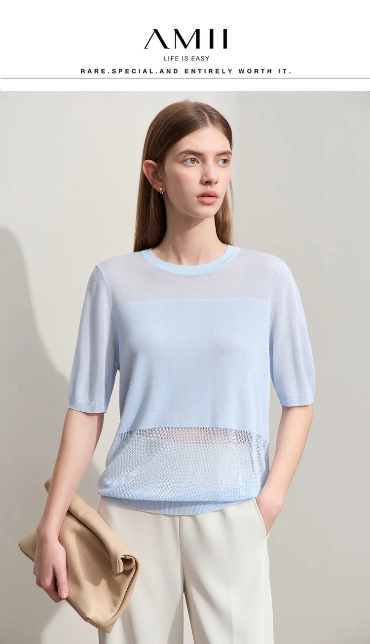 Damen-Strickpullover mit O-Ausschnitt, kurzärmelig, hellblau, lockerer Sitz