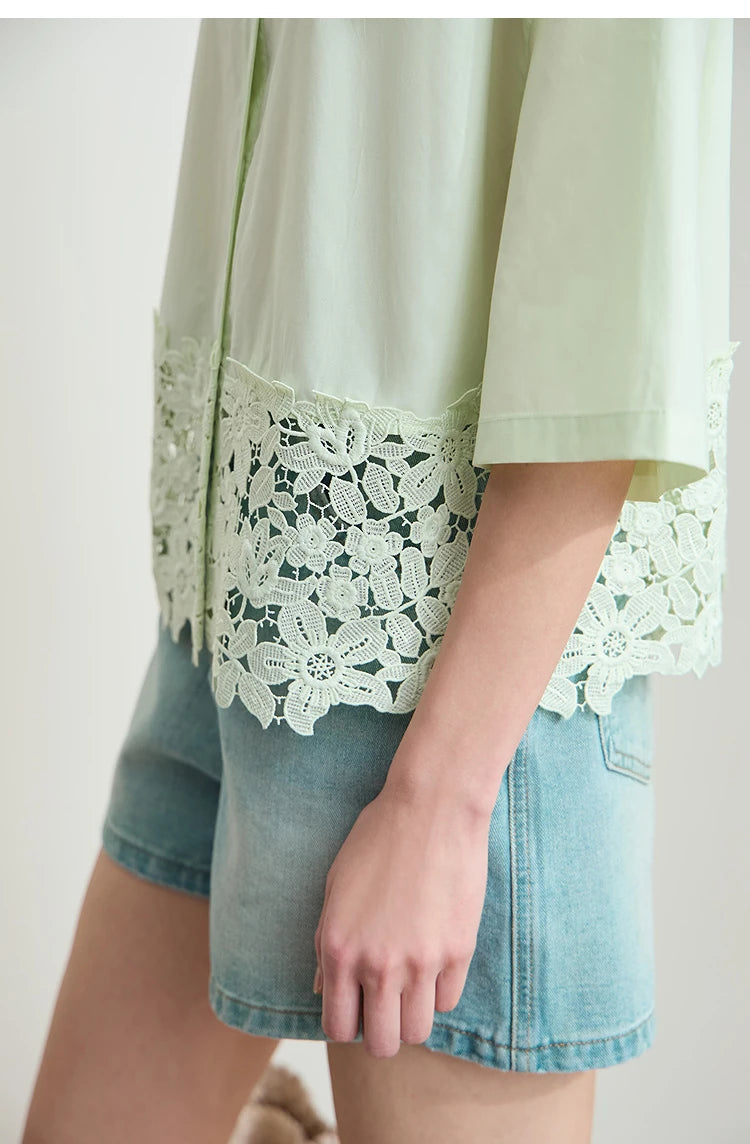 Damen Kurzarm Shirt mit drehbarem Kragen und solider Aushöhlung