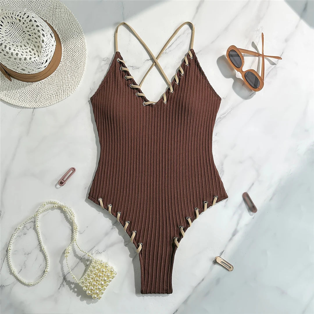 Damen Badeanzug V-Ausschnitt Rippen Kreuzrücken hoher Beinausschnitt Monokini 5 Farben