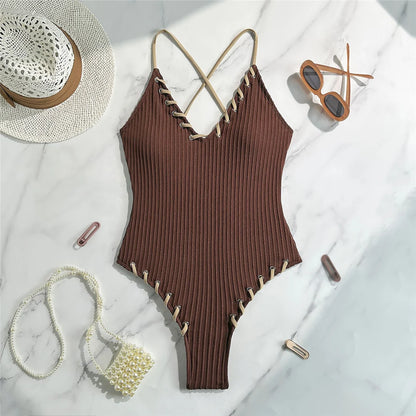 Damen Badeanzug V-Ausschnitt Rippen Kreuzrücken hoher Beinausschnitt Monokini 5 Farben