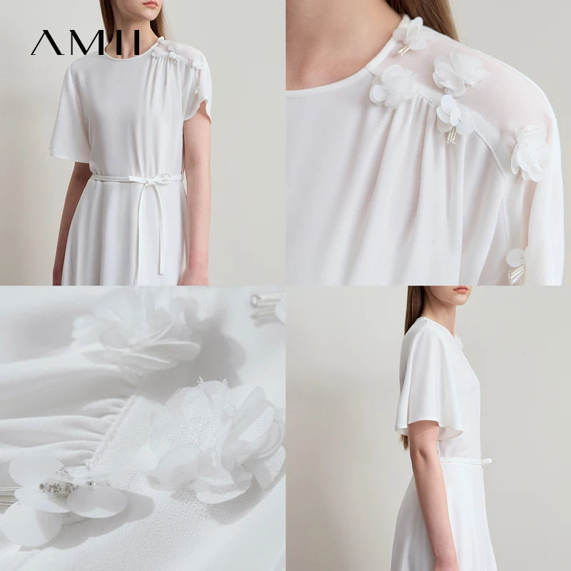 Elegantes Damen Chiffon Midi Kleid Mit Gürtel Business Look