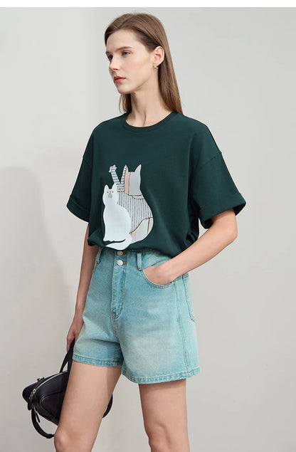Damen Top im minimalistischen Stil mit O-Ausschnitt und bedrucktem Design