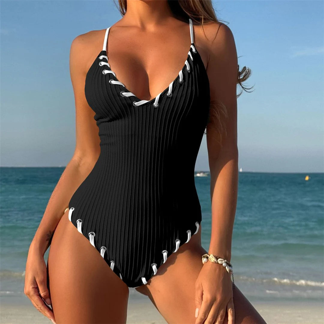 Damen Badeanzug V-Ausschnitt Rippen Kreuzrücken hoher Beinausschnitt Monokini 5 Farben