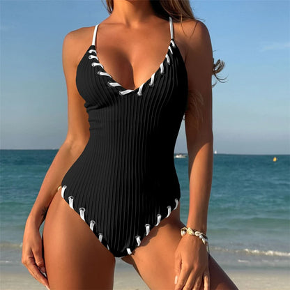 Damen Badeanzug V-Ausschnitt Rippen Kreuzrücken hoher Beinausschnitt Monokini 5 Farben
